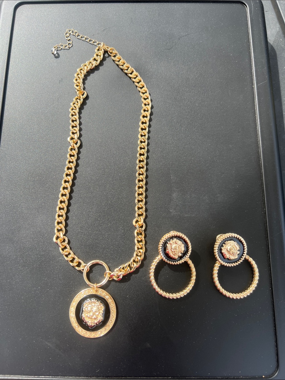 Beautiful custom LION HEAD earrings & necklace 2 piece set gold tone inspired